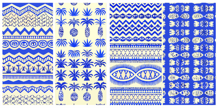 Tropical floral ornament with geometric patterns blue and white color scheme