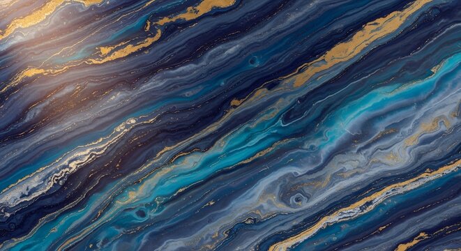Elegant abstract dark blue fluid art with streaks of shimmering gold and teal marbling texture.