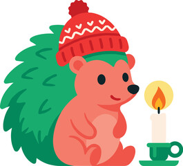 Fototapeta premium Cute Pixel Art Hedgehog In A Red Winter Beanie Hat Sitting Beside A Lit Candle On White Background