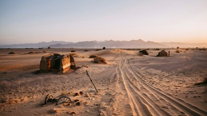 Obraz premium Desert Landscape with Abandoned Vehicle and Mountain Horizon at Sunset