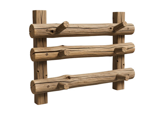 Rustic wooden fence section with three horizontal logs and four support posts, natural wood texture, isolated on transparent background.