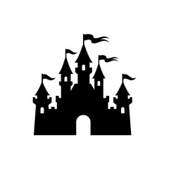 Silhouette illustration of a fairytale castle with turrets and waving flags © rrr