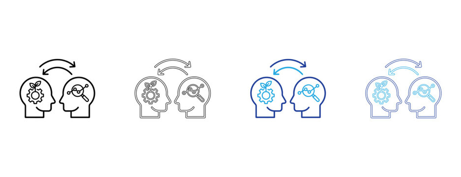 Knowledge exchange between two profiles with growth and research icons for peer learning.