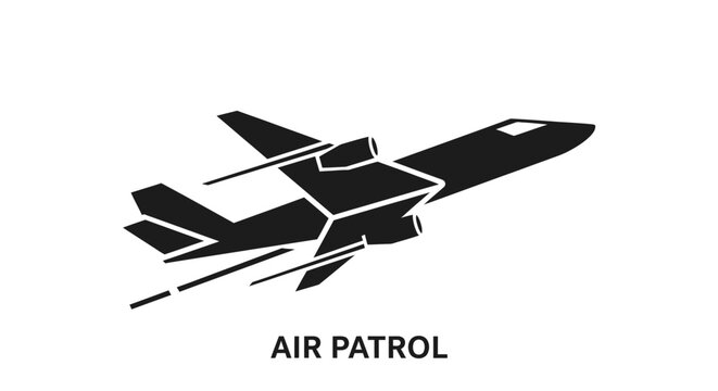 Black silhouette icon of a fast military fighter jet plane for air patrol.