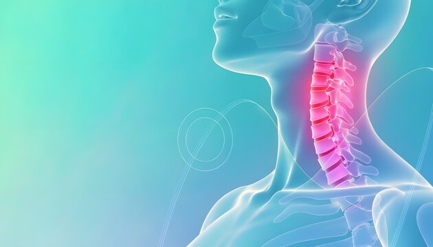 Profile view of human neck cervical spine pain. Vertebrae degeneration and chiropractic care needs. Transparent female silhouette showing inflamed cervical spine glowing red on abstract background.