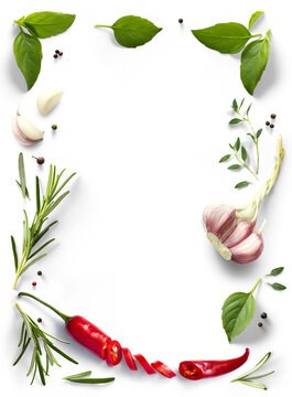 culinary frame / border PNG Food design element. red hot chile pepper, Spices and herbs with real transparent shadow on transparent background. Variety of spices and mediterranean herbs.