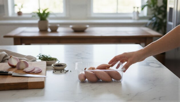 Hand reaching for fresh shallots on marble counter