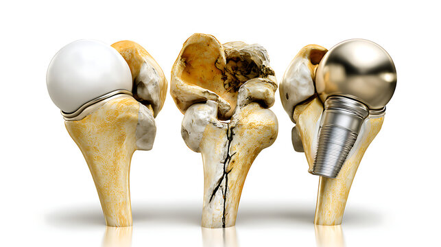 Osteoarthritis of the hip joint. Arthritic hip joint. Hip replacement for osteoarthritis, on a white background.
