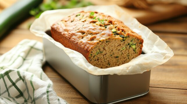 Golden Brown Zucchini Bread Loaf Baked in a Metal Pan