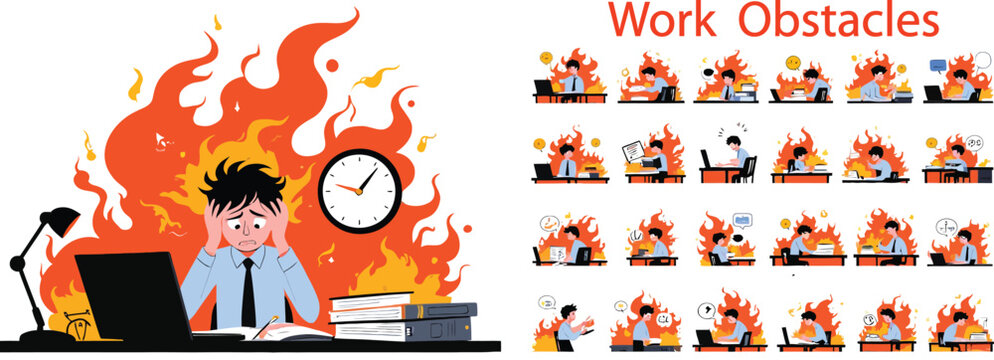 A collection of cartoon illustrations showing a stressed office worker sitting at a desk surrounded by flames representing various work obstacles and daily professional challenges