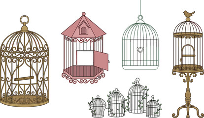 Vintage Decorative Birdcage Vector Icon Set with Shabby Chic Ornate Metal Enclosures and Garden Pavilion Style Hanging Enclosures © MdRaisul