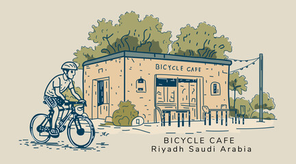 Hand-drawing sketch of a cyclist riding past the Bicycle Cafe in Riyadh, Saudi Arabia. Ideal for lifestyle, coffee shop, and cycling themes. © Saravuth