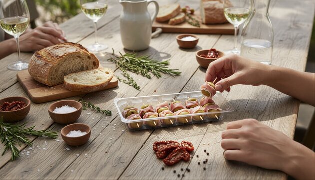 Hand reaching for serrano ham and olive appetizers at a social gathering