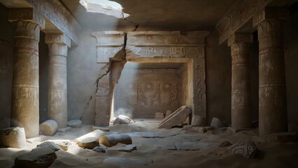 Naklejka premium Ancient Egyptian Temple Interior with Columns and Sunlight Beams