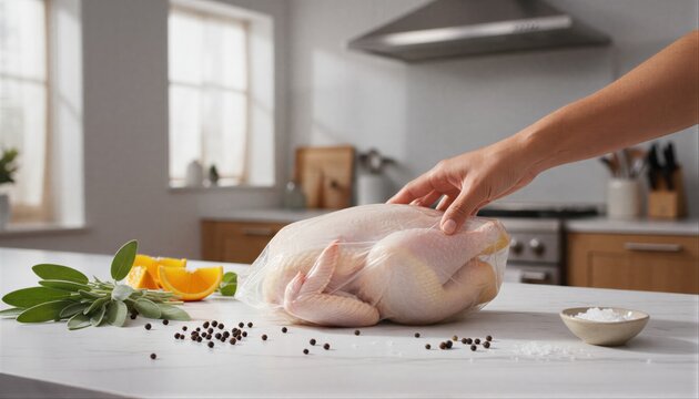 Hand reaching for whole chicken on marble counter