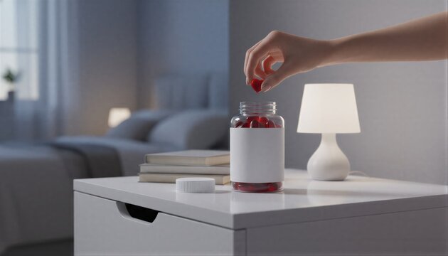Health supplement bottle with white label on a sunlit bedside table