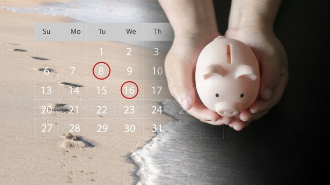 Vacation savings and travel planning concept with piggy bank and calendar schedule representing financial preparation, holiday budgeting, appointment planning, and future travel goals.