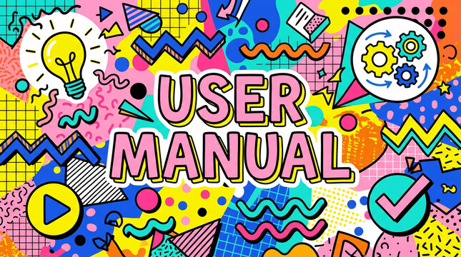 Fun graphic abstract background with pink "user manual" text, light bulb, gears and geometric patterns