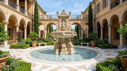Obraz premium Elegant Italian Courtyard with Fountain and Lush Greenery.
