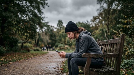 Obraz premium Young person absorbed in smartphone on a park bench under an overcast sky natural setting