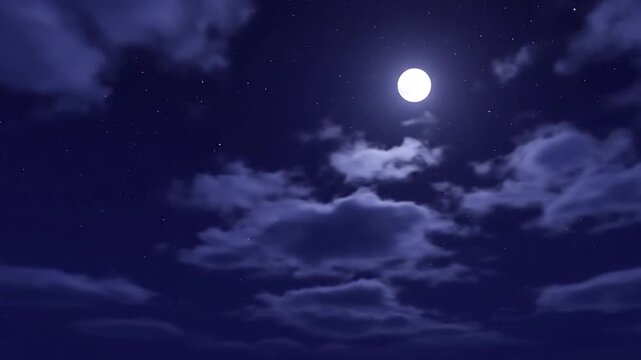 A bright full moon shines through dark clouds in the night sky