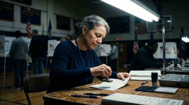Dedicated election worker stamping ballot documents at a polling station on election day close-up view
