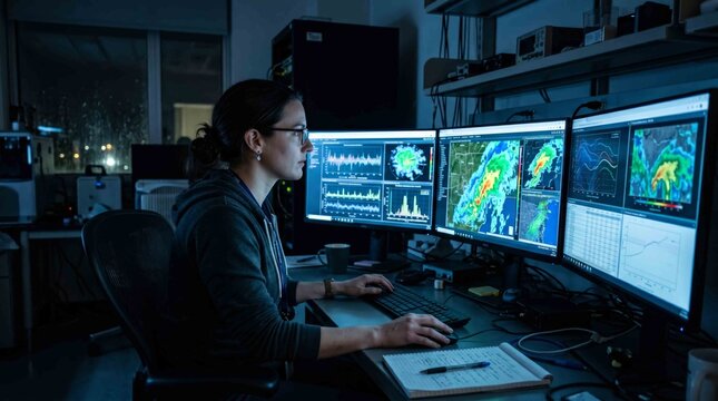 Dedicated scientist analyzes complex data on multiple screens in a dark research laboratory at night