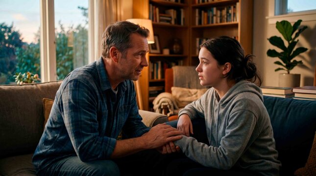 Caring father offers support to his pensive teenage daughter feeling melancholy and needing reassurance at home
