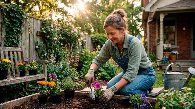 Smiling woman carefully plants flowers in a raised garden bed during a golden sunny afternoon in summer