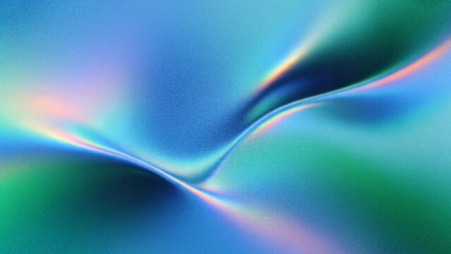 Abstract grainy holographic gradient background in deep blue and green hues showcasing vibrant iridescent fluid noise waves with prism neon glow.