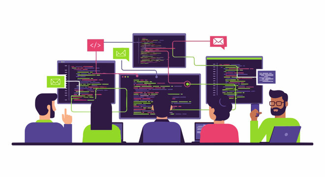 Collaborative Software Development Team Working on Program Code Flat Vector Illustration of IT Engineers and Programmers Developing Web and Mobile Applications