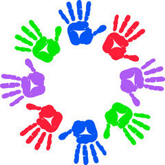 Fototapeta premium Creative paint hands prints. Happy childhood design. Artistic kids stamp, bright human fingers and palm. Vector illustration.Handprints icon vector illustration. Colorful and Black handprints set.