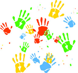 Fototapeta premium Creative paint hands prints. Happy childhood design. Artistic kids stamp, bright human fingers and palm. Vector illustration.Handprints icon vector illustration. Colorful and Black handprints set.