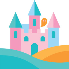 Obraz premium Minimalist Colorful Fortress Illustration With A Cute Spirit Floating On A Landscape Background