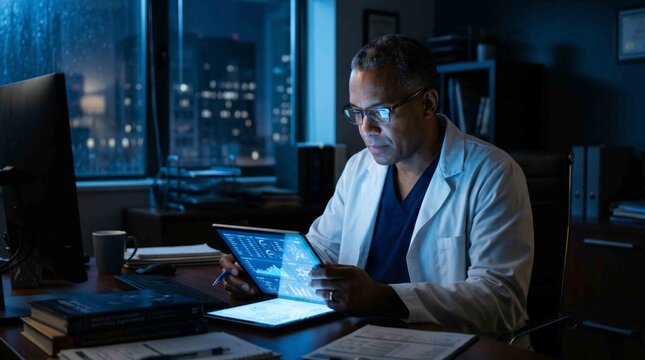 Serious male professional in medical coat analyze data on innovative tablet at night office city view background