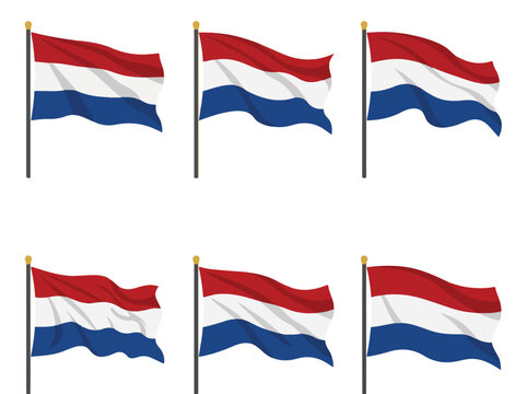 Set of six Dutch flags waving in the wind on poles with vibrant red, white, and blue colors against a clear sky