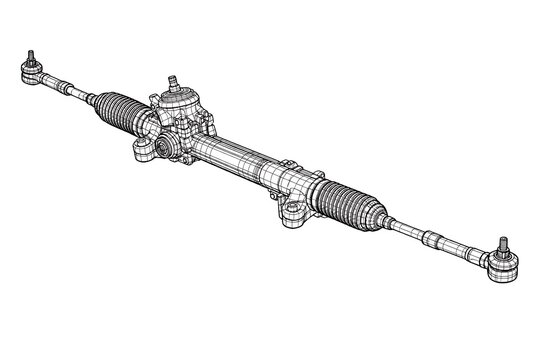 Wireframe technical drawing of a car steering rack and pinion assembly