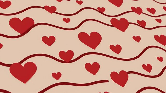 A repeating pattern of red hearts on wavy dark red lines against a cream background