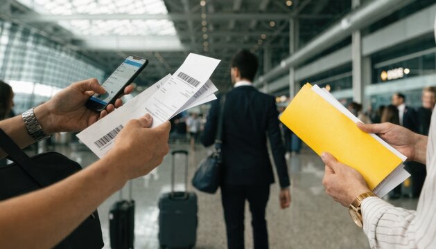 Travelers holding boarding passes and documents at a busy airport terminal with a person walking away carrying luggage.