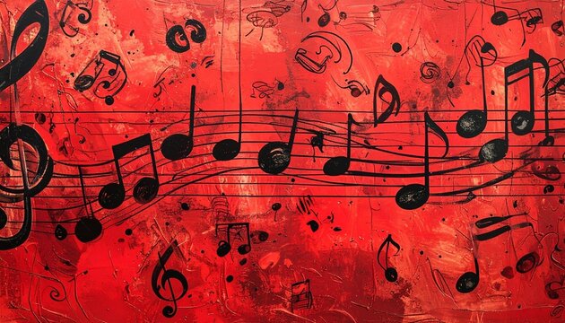 Hand-drawn musical note patterns and symbols on a red background.