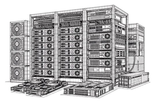 Technical illustration of a highperformance server rack data center infrastructure isolated on white background