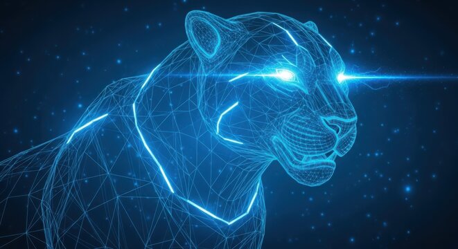 Neon digital panther head with glowing eyes illustration