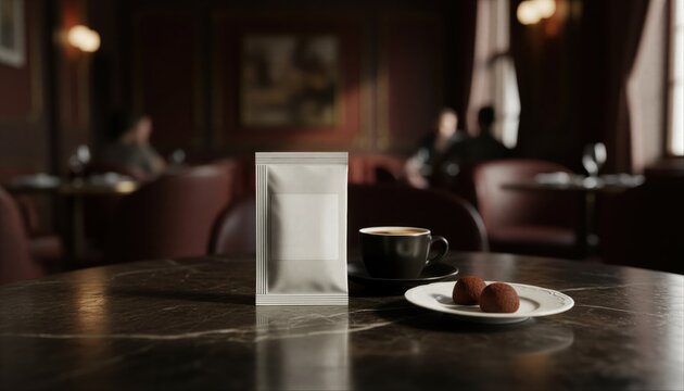 Luxury white condiment sachet with a refined label on a dark marble restaurant table