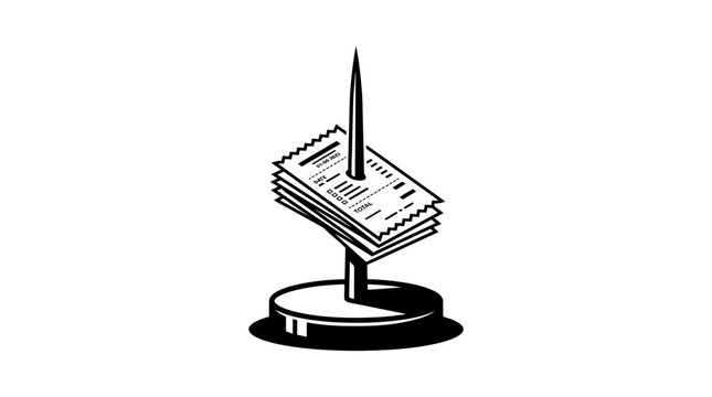 Black and white illustration of a stack of papers on a pointed spindle atop a circular base against a plain white background.