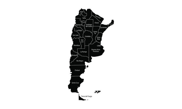 Black and white vector silhouette map of Argentina, showing all provincial borders and regional names for South American geography designs.
