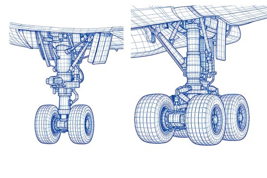Wireframe of aircraft landing gear, 3d illustration