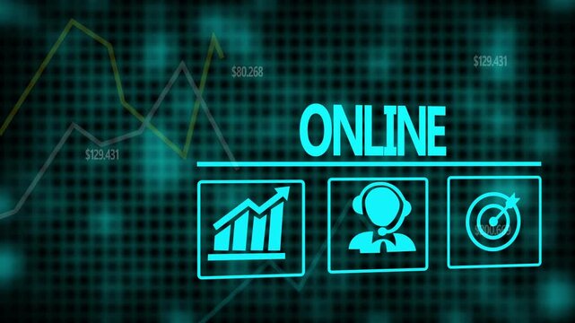 A Online business concept on a flashing computer monitor with moving graphs and data.