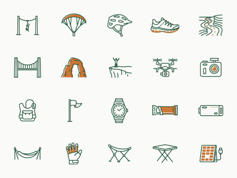 Outdoor adventure travel icons set including sports equipment and technology  outdoor adventure travel icons set including sports equipment and technology