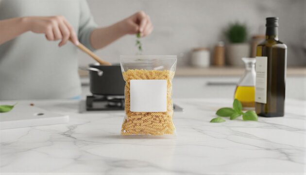 Minimalist modern kitchen with a premium white labeled bag of fusilli pasta on marble