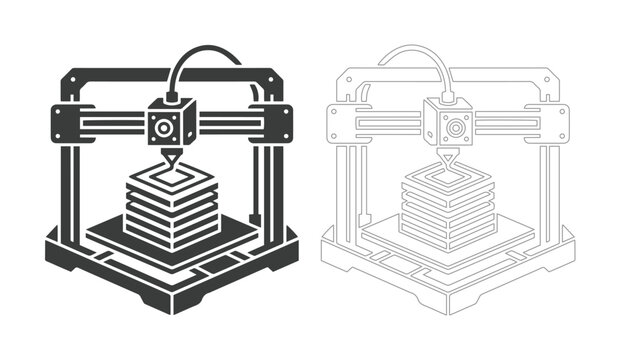 3D Printer Vector Icon Set Black and White Outline